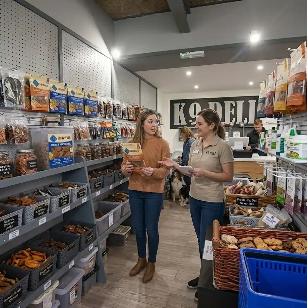 Dog owner asking questions about dog treats